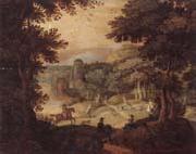 a wooded landscape with a hunting party at the edge of a lake,a castle beyond